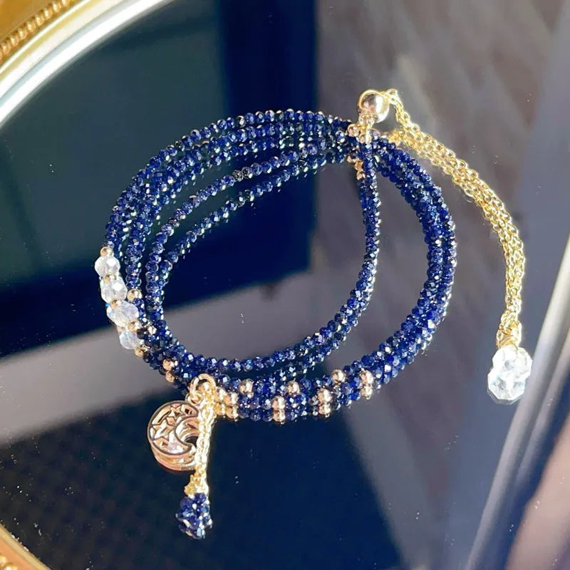 Women's multi-layer bracelet with blue gold sand stone cut three-ring design on wrist