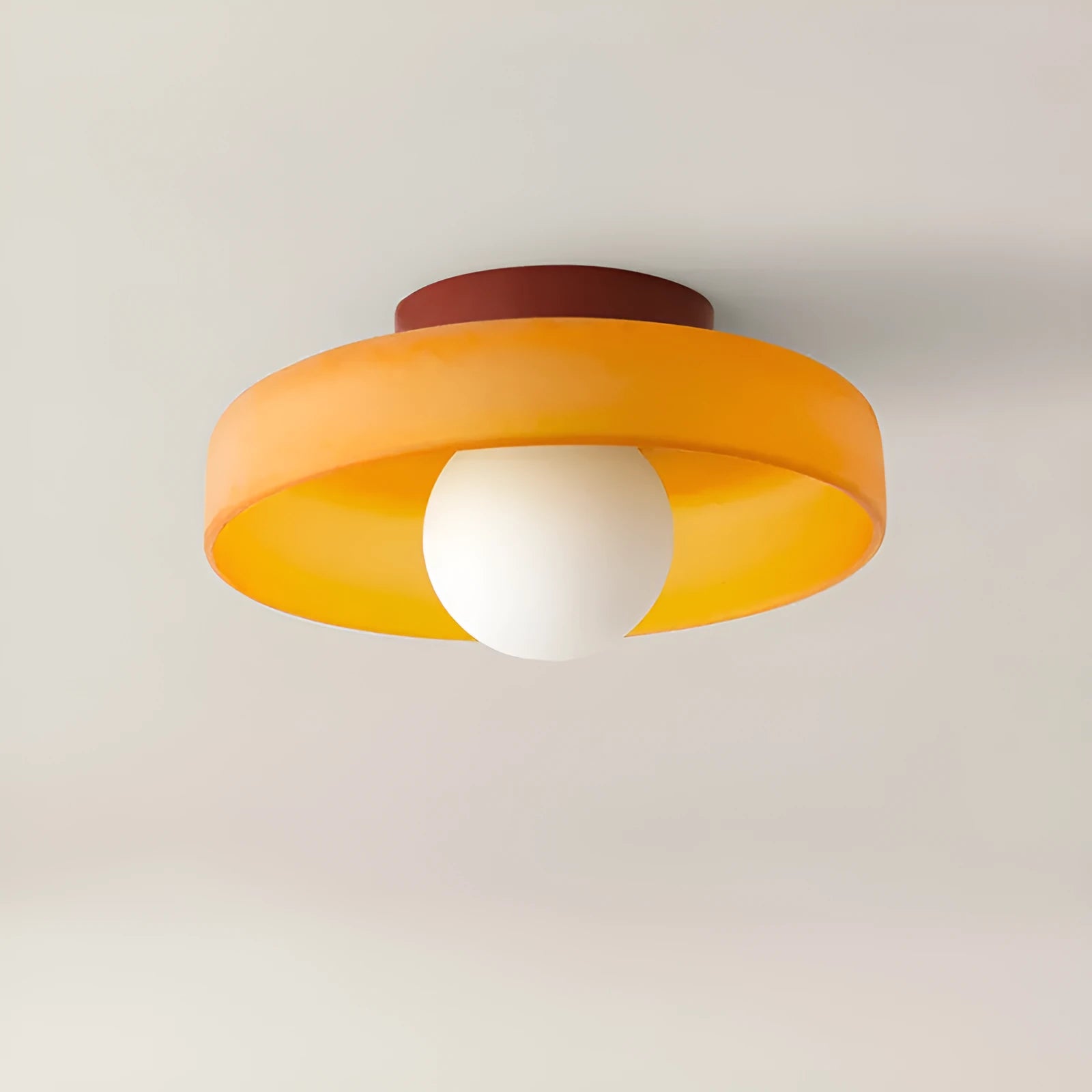 Round modern glass ceiling light fixture with white shade for corridor or porch