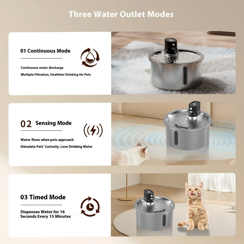 White stainless steel heated pet water fountain on a table with charging cable.