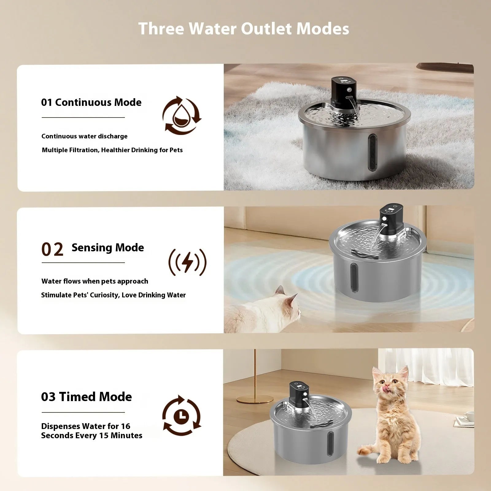 Stainless steel pet water fountain with heating base in black or white colour