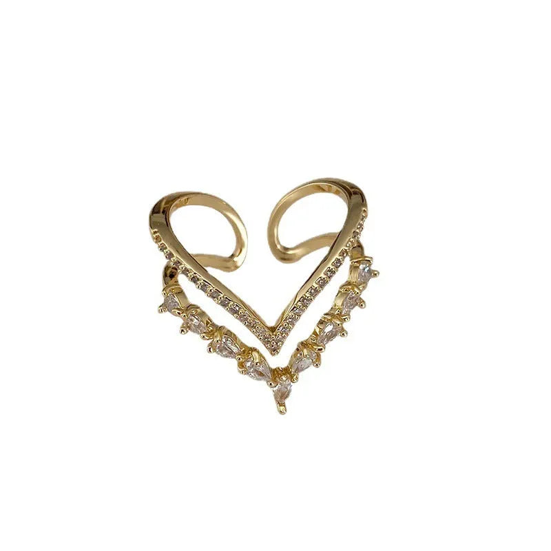Heart-shaped full diamond ring with adjustable opening double-layer light luxury gold copper finish