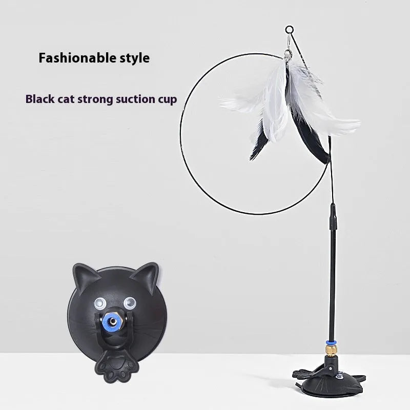 Plastic cat teaser toy with suction cup mount and dangling feather attachment