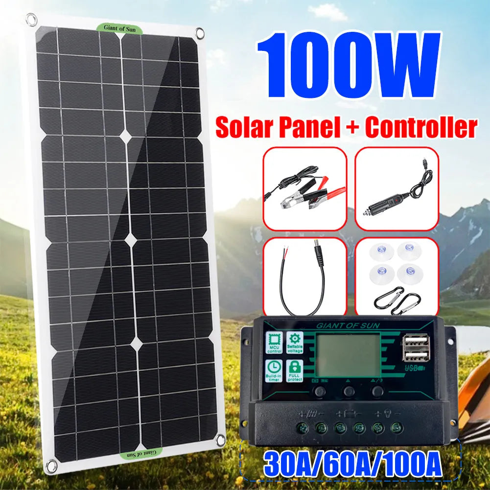 30W semi-flexible solar charging panel showing USB and DC output ports