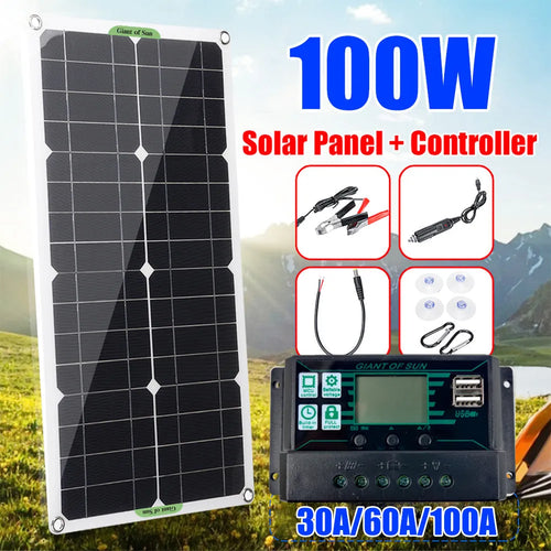 30W semi-flexible solar charging panel showing USB and DC output ports