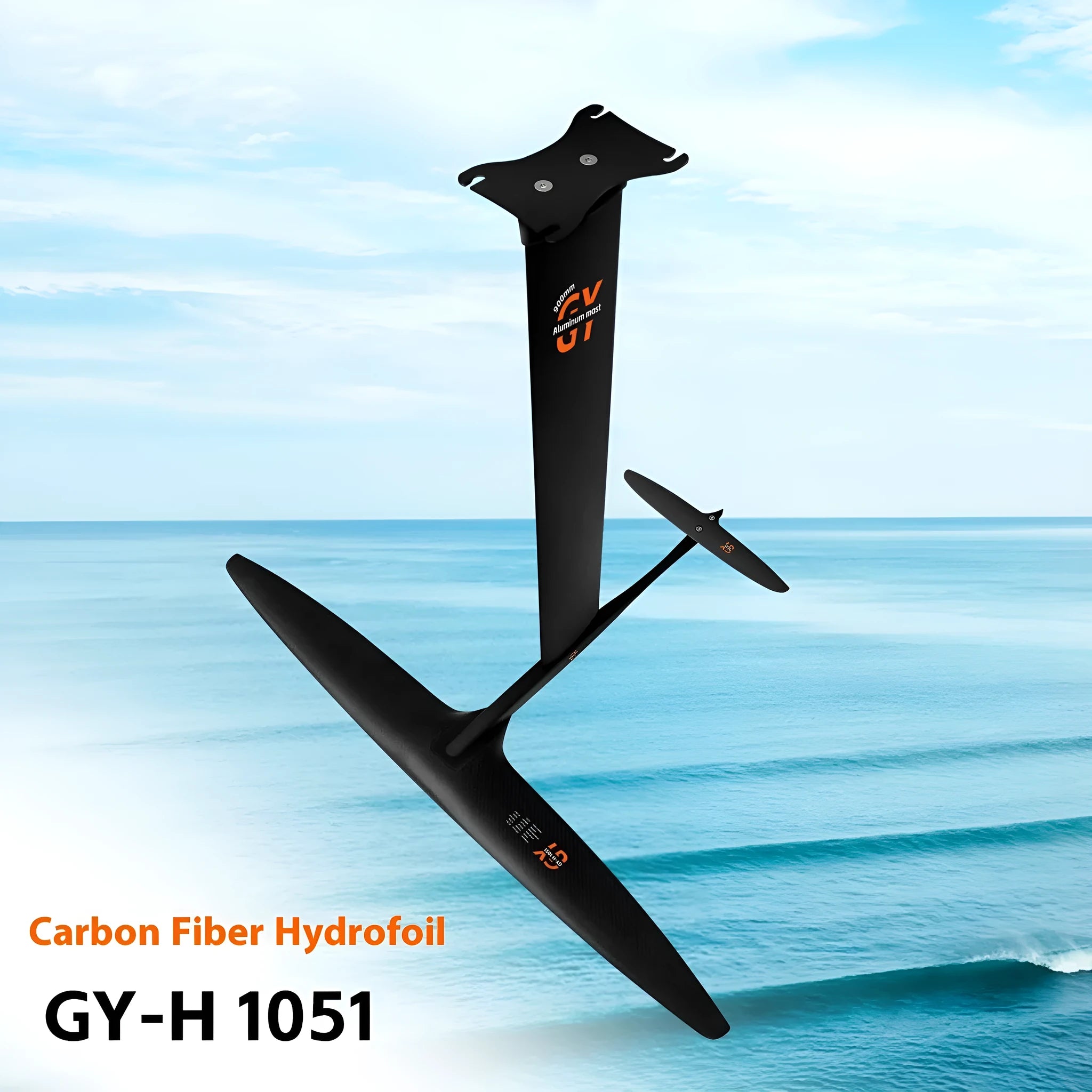 Black carbon fibre and aluminium racing hydrofoil for surfing with large front wing.