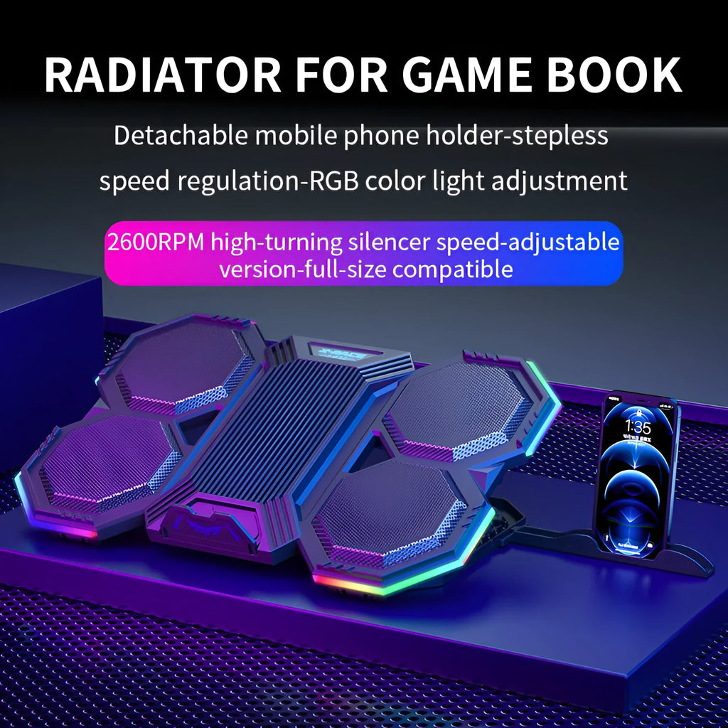 Laptop cooling pad with six large fans, RGB lighting, and ergonomic adjustable stand for 12-21 inch notebook computers