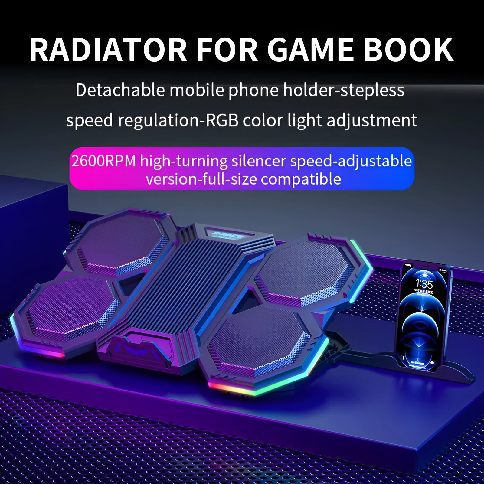 Laptop cooling pad with six large fans, RGB lighting, and ergonomic adjustable stand for 12-21 inch notebook computers