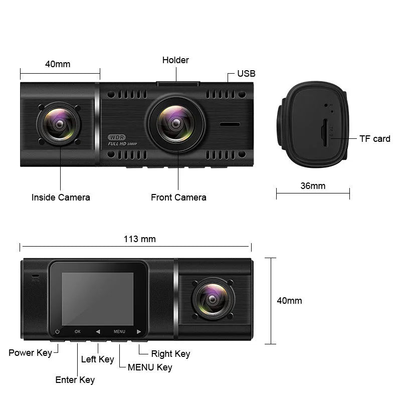 Standard black 1080p dash cam for cars with front and rear recording.