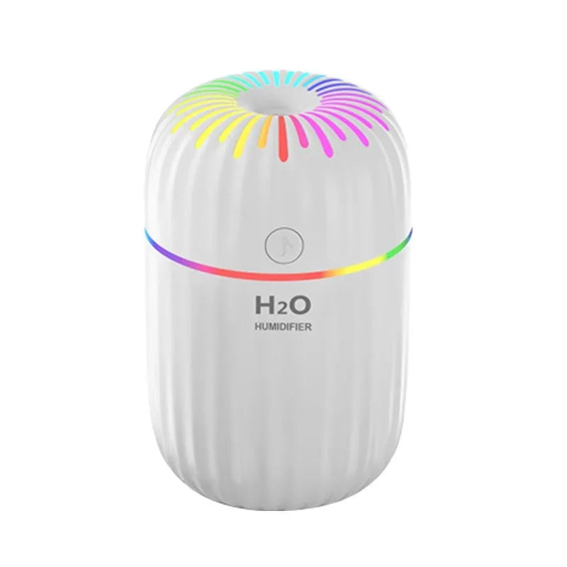 White USB mini humidifier with 300ml water tank on desk beside laptop