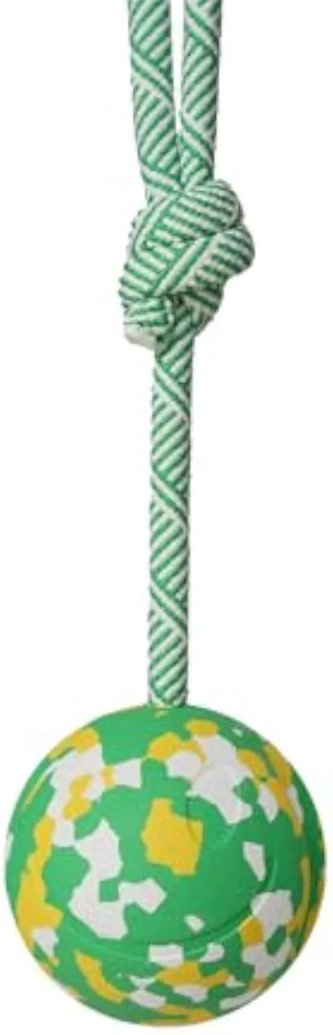 Natural rubber dog ball attached to a blue nylon rope for fetch and tug play