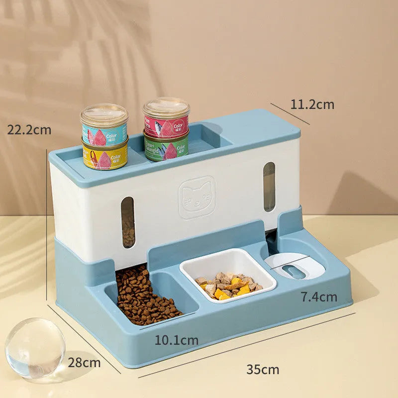 Automatic plastic pet feeder with refilling cat drinking water bowl in green colour, 37cm long