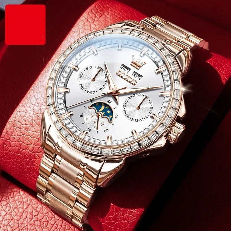 Men's stainless steel automatic chronograph watch with diamond dial and transparent case back.