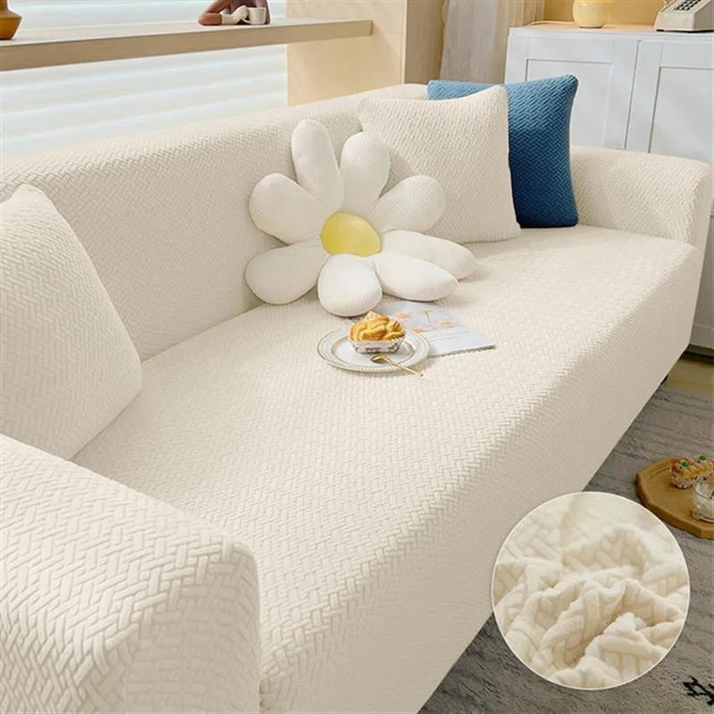 Thick elastic Ice Silk sofa cover with geometric pattern on a sofa in a living room