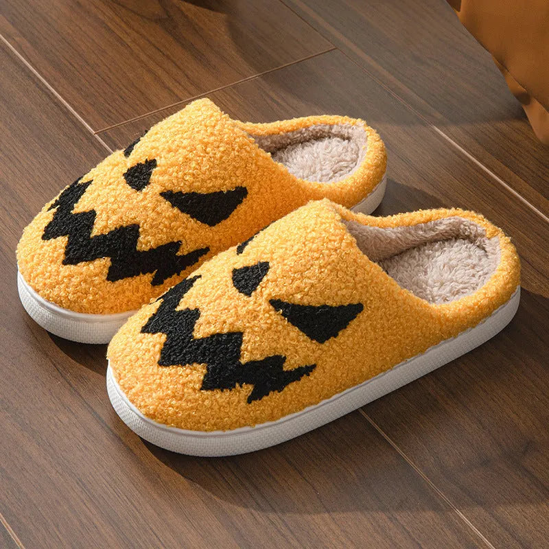 Halloween couple slippers with Lightning Ghost Face embroidery in black and orange on suede upper
