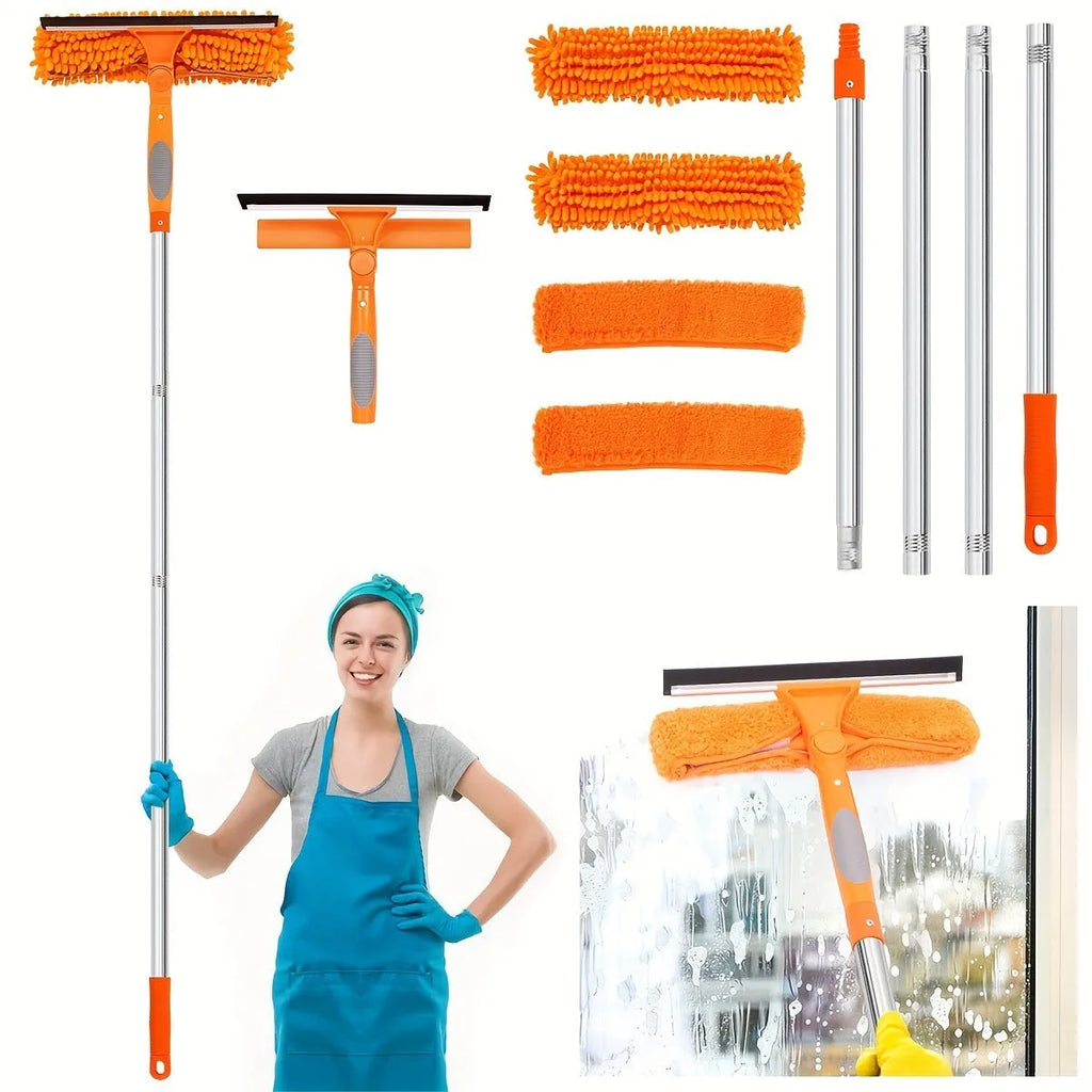 Two-in-one glass squeegee and wiper set with stainless steel poles and rotating head in blue, orange, and gray