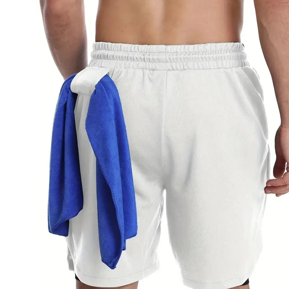 Men's camouflage pattern double-layer sports shorts in quick-dry fabric on a plain background.