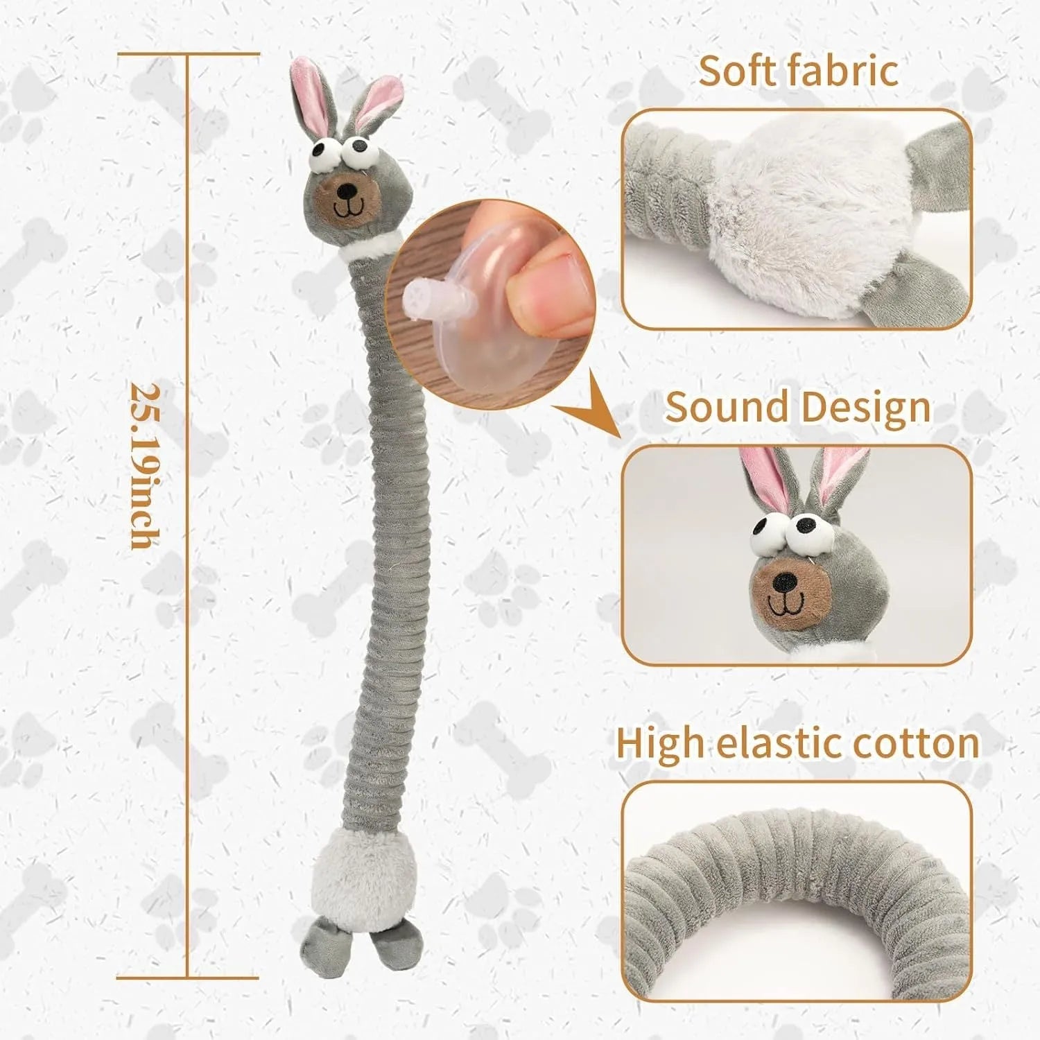 Foldable plush dog toy in brown, grey, or yellow with squeaker and crinkle sounds