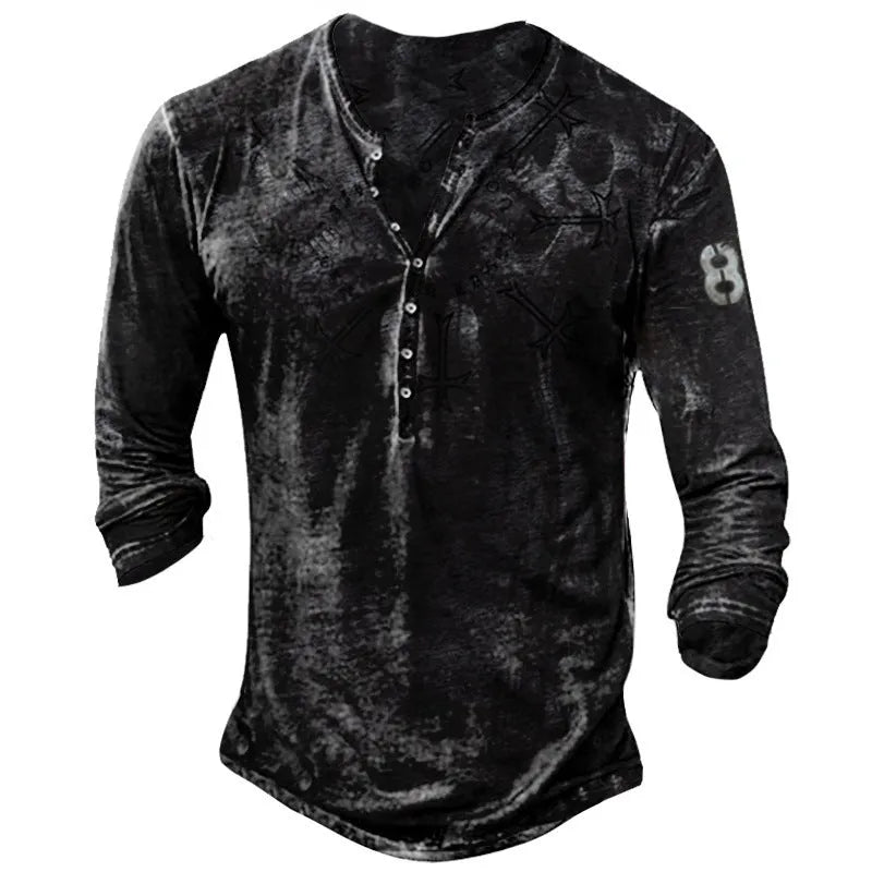 Printed men's street long-sleeved sports T-shirt with round neck in imitation cotton 60% cotton blend