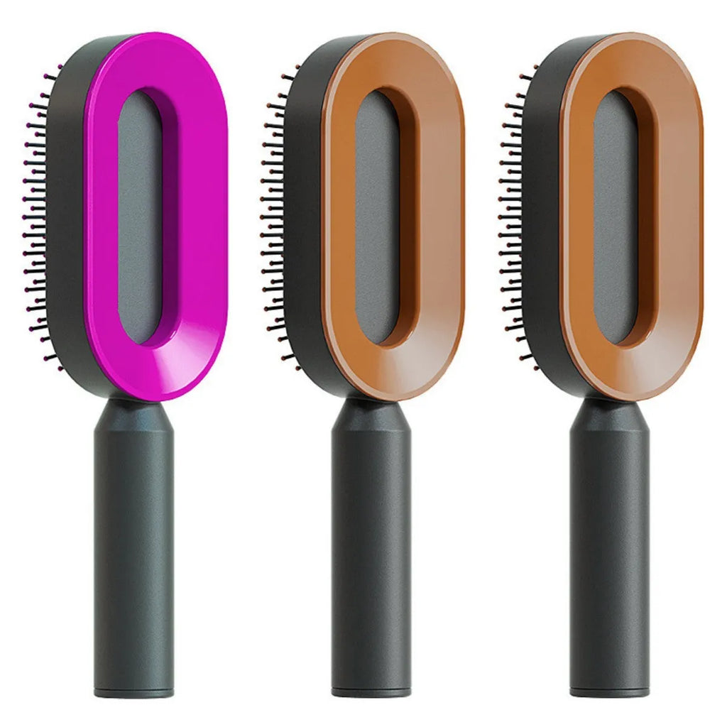 Self-cleaning air cushion hair brush in white, black gold, or black purple with ergonomic handle