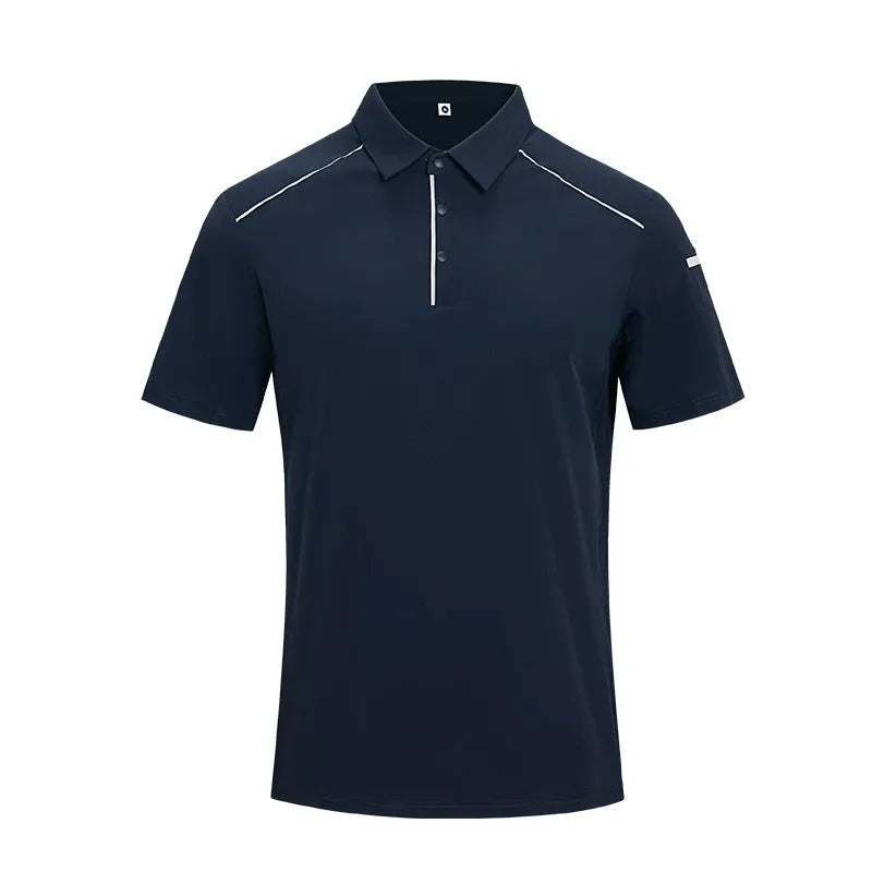 Man wearing a navy blue nylon business T-shirt with a stand collar and colour stitching detail.