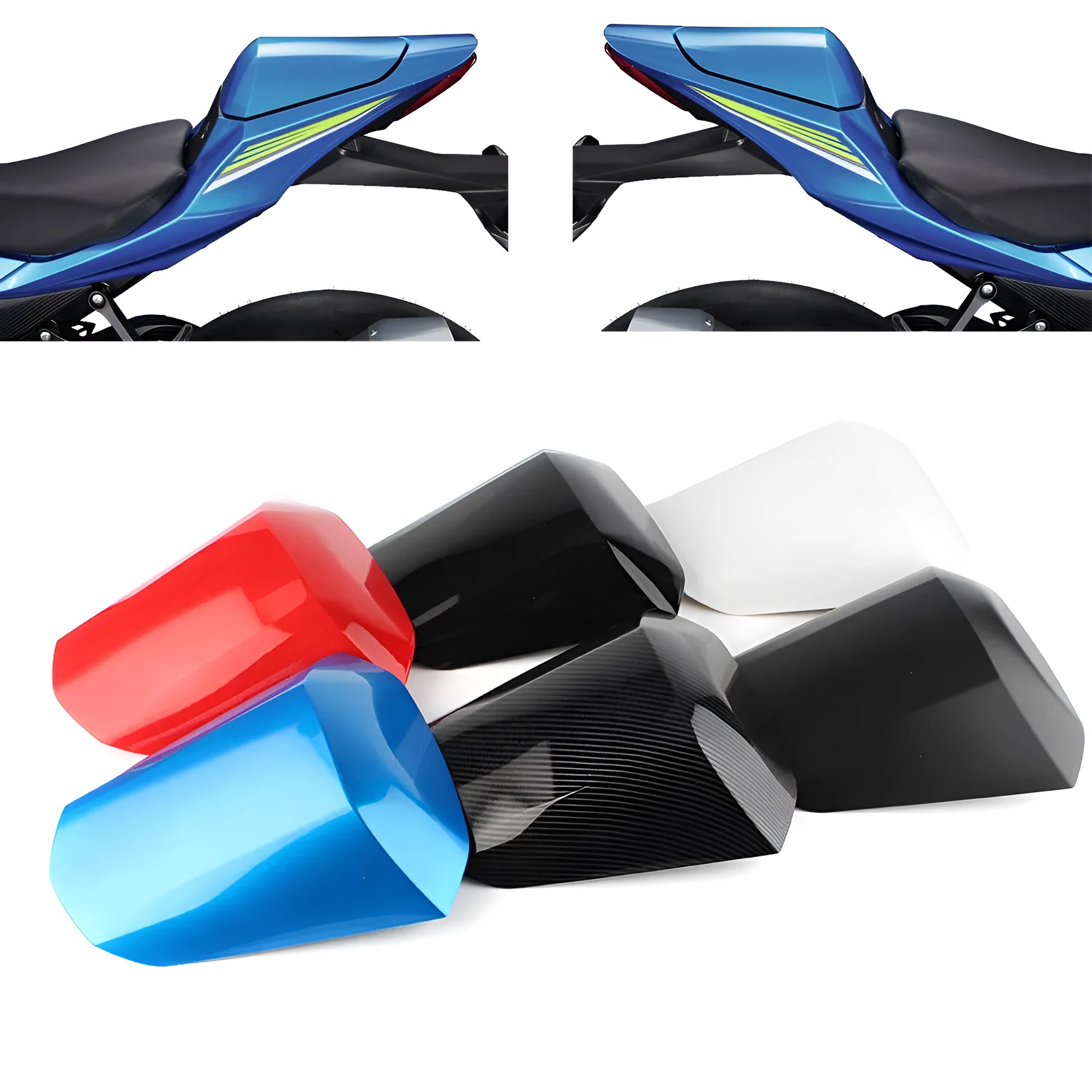 GSXR1000 motorcycle rear seat cowl cover in ABS plastic shown in available colours including carbon fibre.