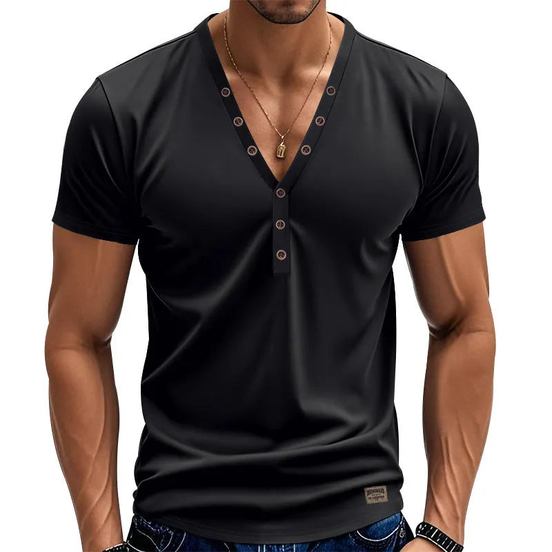 Men's loose fit solid colour V-neck pullover top with button detail on the front.