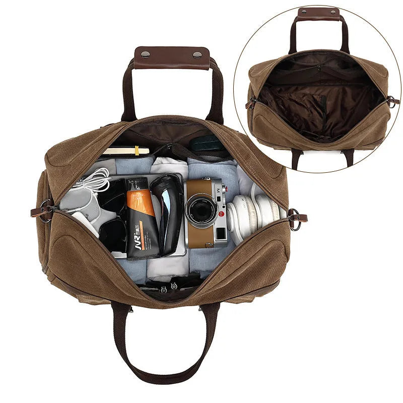 Large capacity canvas crossbody travel bag in European American retro style with sewing line details