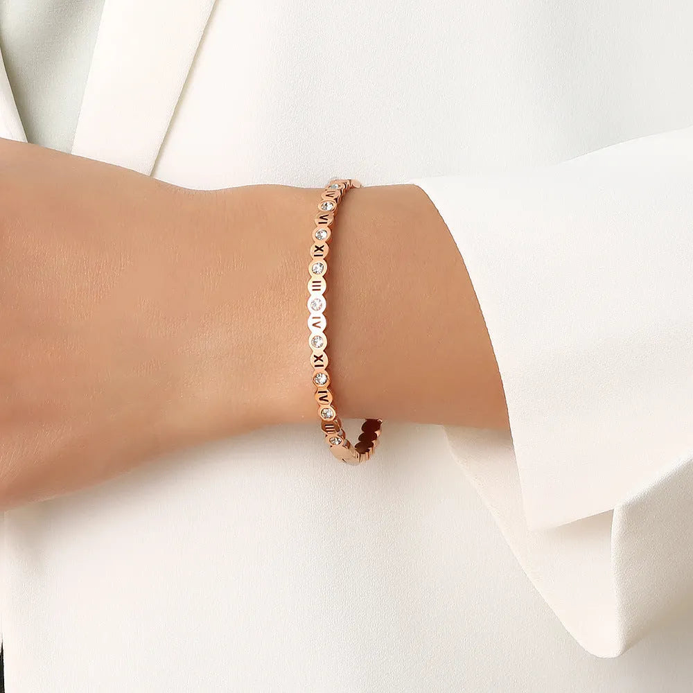 Korean style titanium steel bracelet with number elements in gold, rose gold, and steel colour options