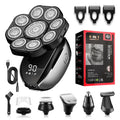 Black 6-in-1 multifunctional rechargeable hair clipper and shaver kit with attachments on a white background