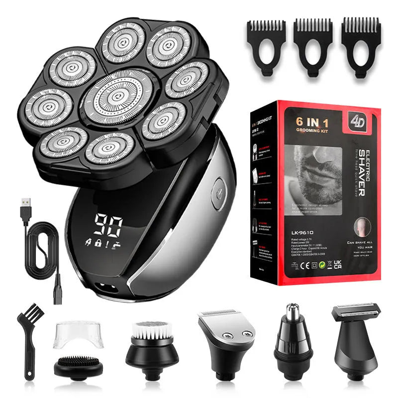 Black 6-in-1 multifunctional rechargeable hair clipper and shaver kit with attachments on a white background