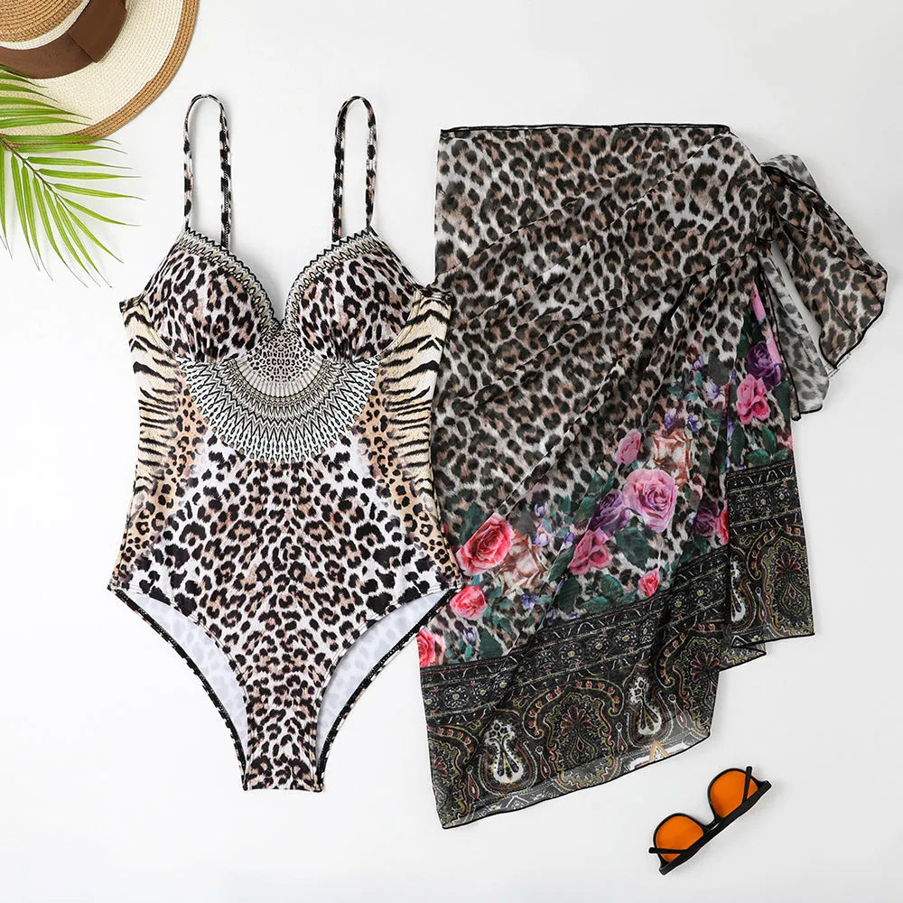 Women's leopard print one-piece swimsuit with mesh long dress cover-up