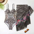 Women's leopard print one-piece swimsuit with mesh long dress cover-up