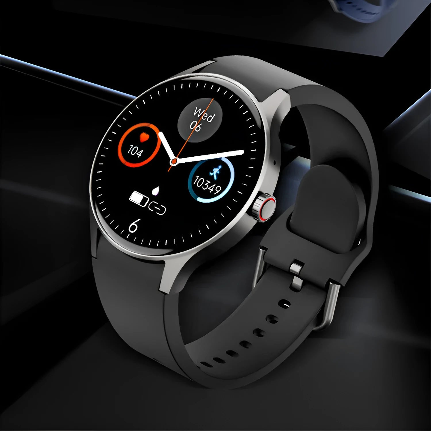 46mm diameter smart sport watch with circular touch screen in black, blue, pink, or red colours