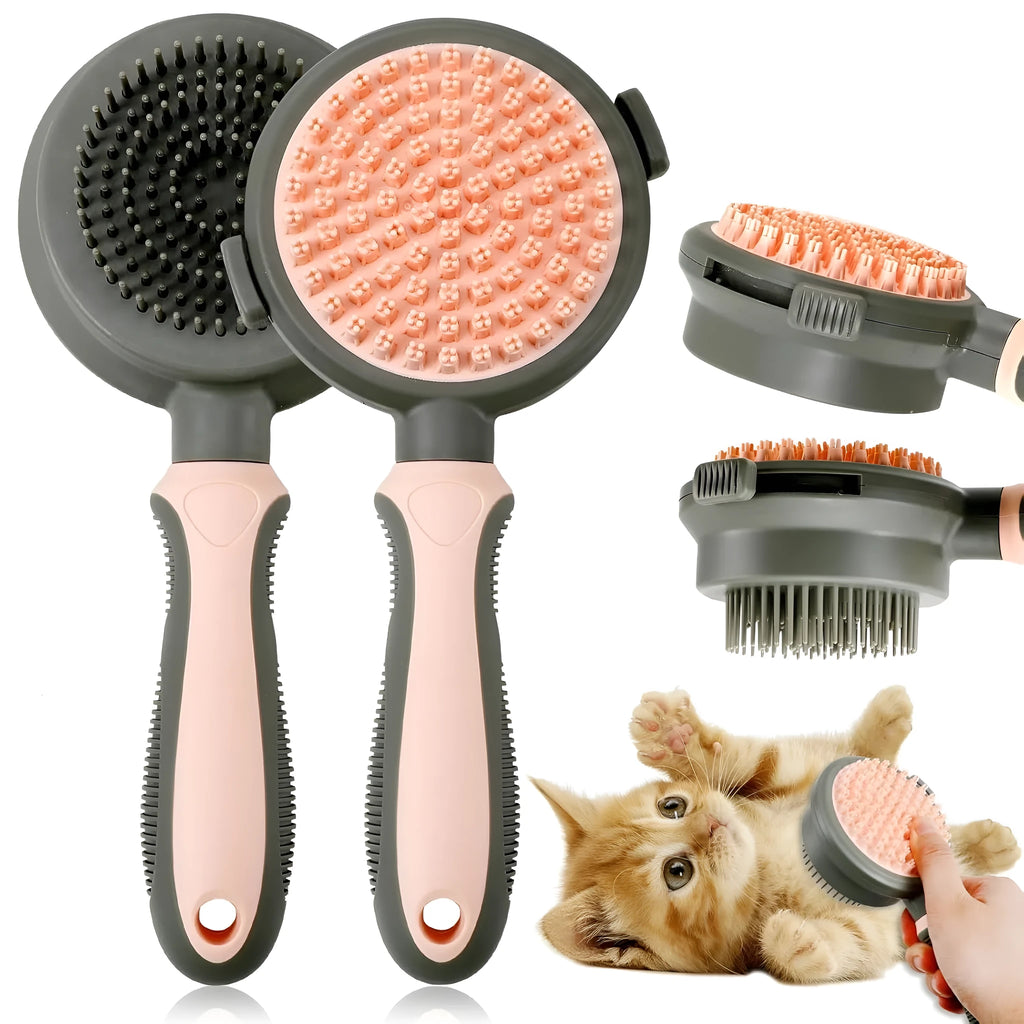Pink double-sided cat grooming brush with release button and separate flea comb on white background