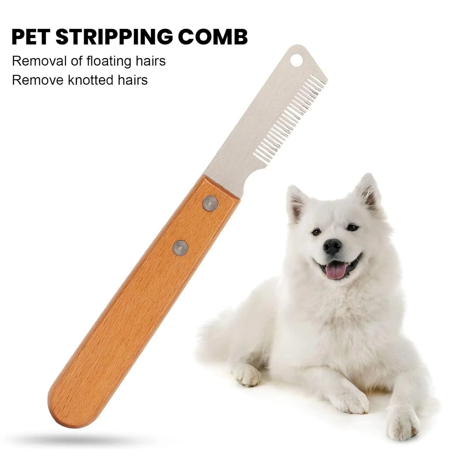 Pet stripping comb grooming tool with wood handle shown in long and short size options