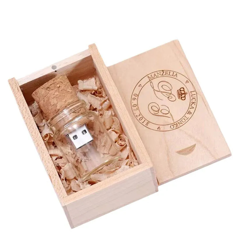 Transparent drift bottle shaped USB flash drive with a wooden cap, showing product dimensions.