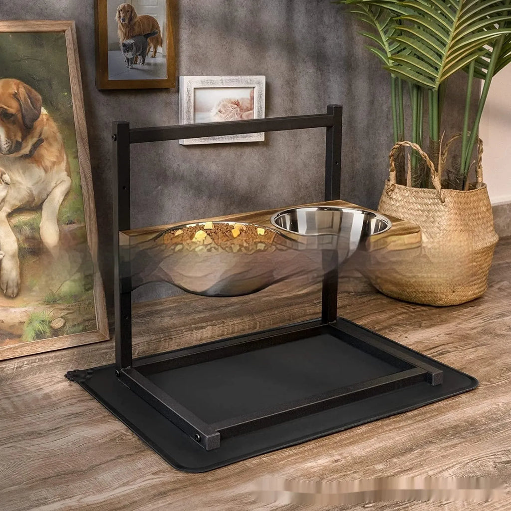 Black iron dog bowl stand with adjustable slots for large breed feeding.