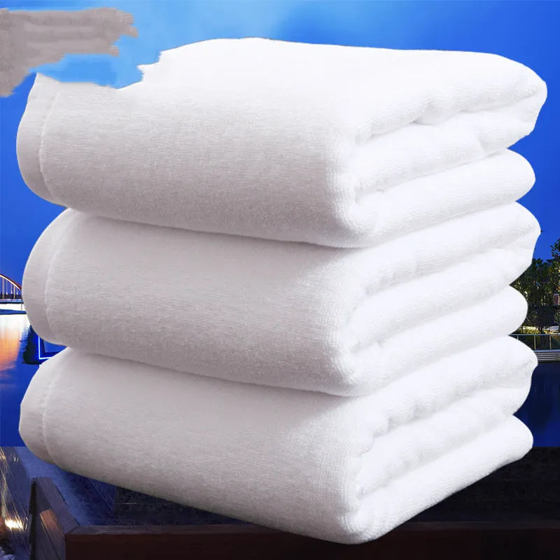 White thickened cotton bath towel measuring 100x200cm weighing 800g with plain weave texture
