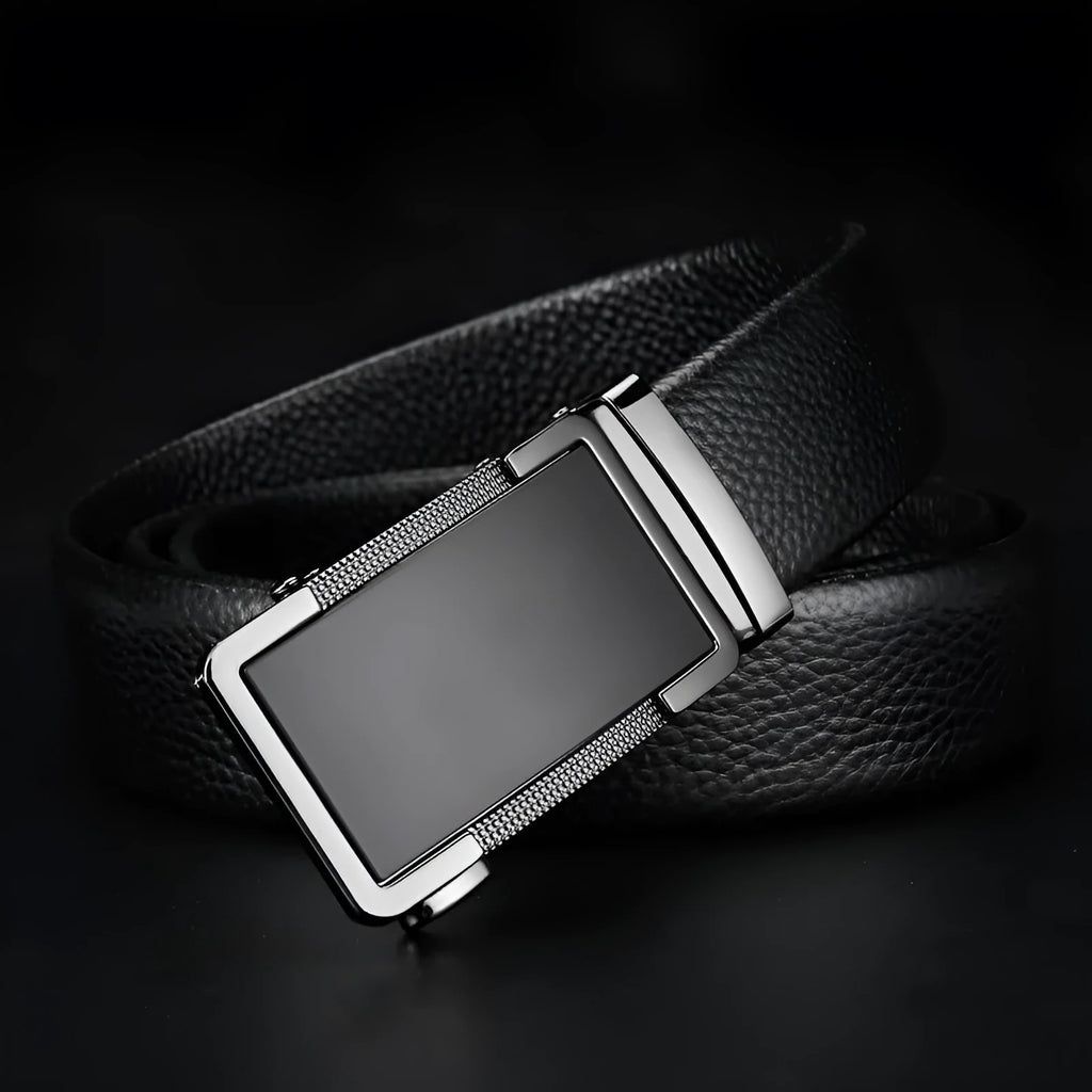 Men's automatic buckle leather belt in gun black, silver, and gold colours on a size chart