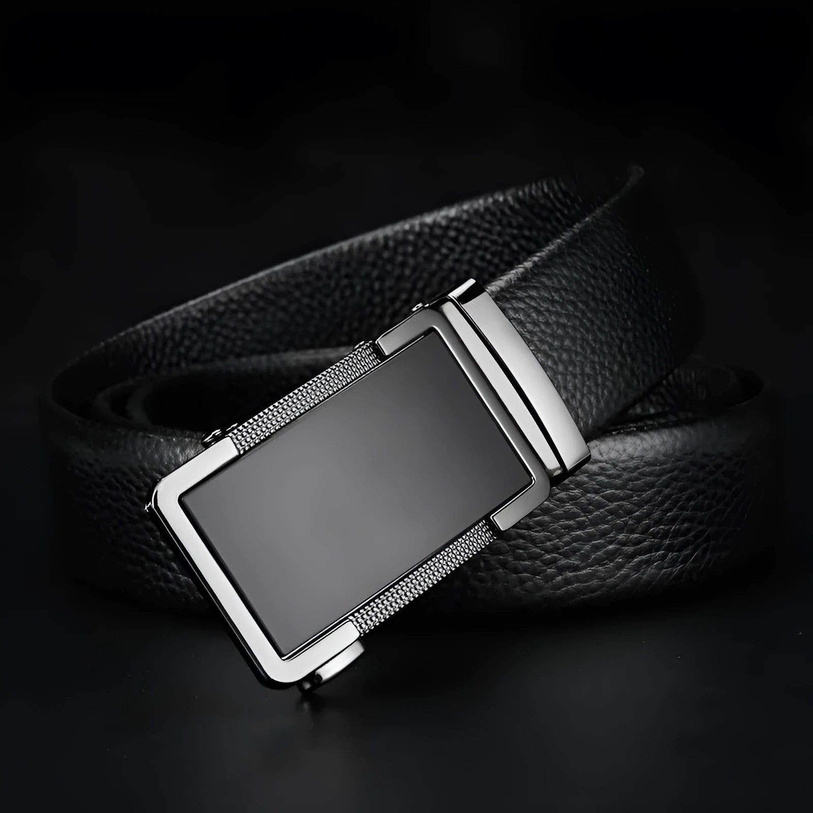 Men's automatic buckle leather belt in gun black, silver, and gold colours on a size chart