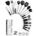 Black silicone spatula set with stainless steel handles containing 16 kitchen utensils