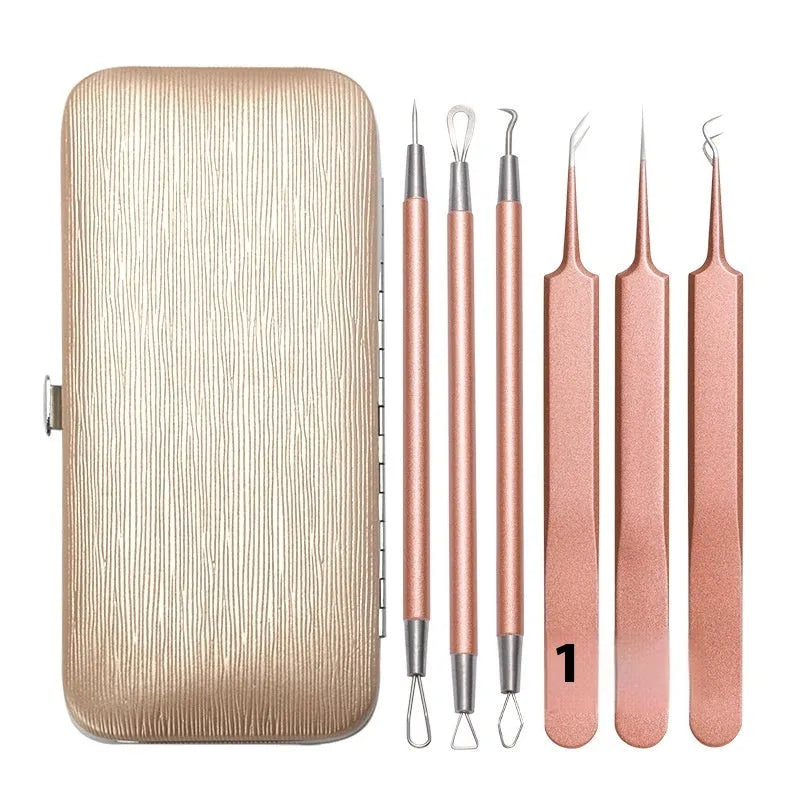 Six stainless steel acne remover tools with rose gold finish for professional pimple extraction