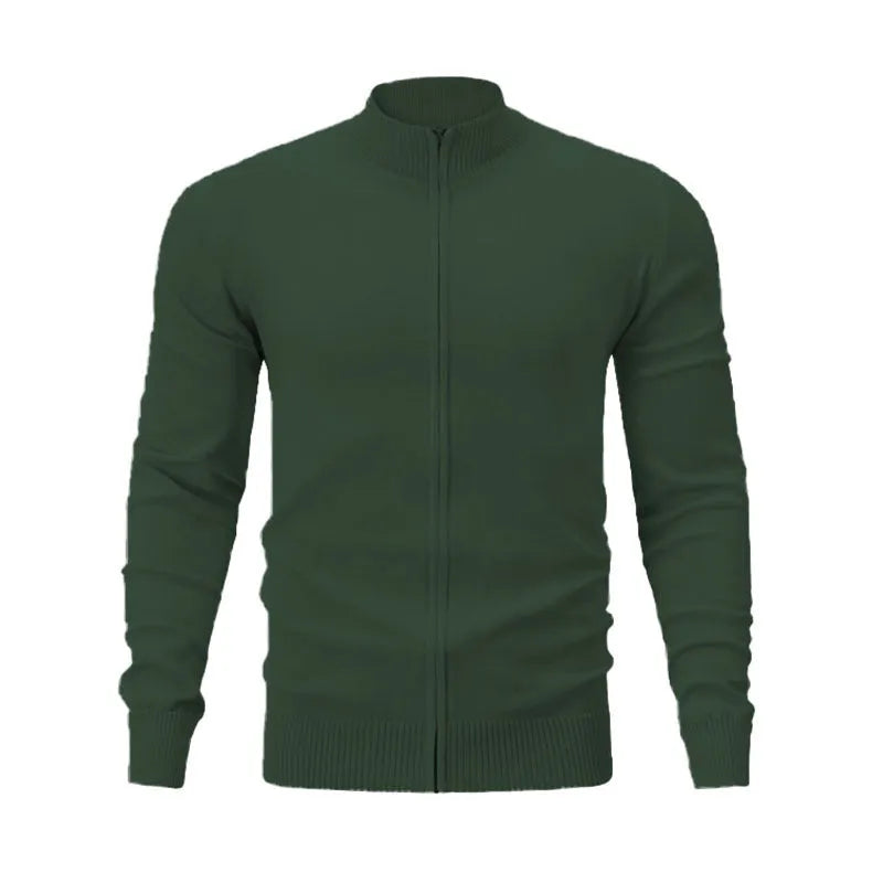 Men's stand collar zip cardigan in cotton fabric showing loose fit and full-length zip