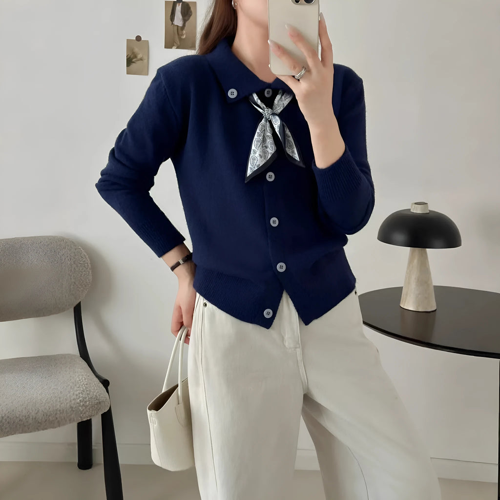 Free size lapel scarf sweater cardigan in acrylic fibre with splicing detail