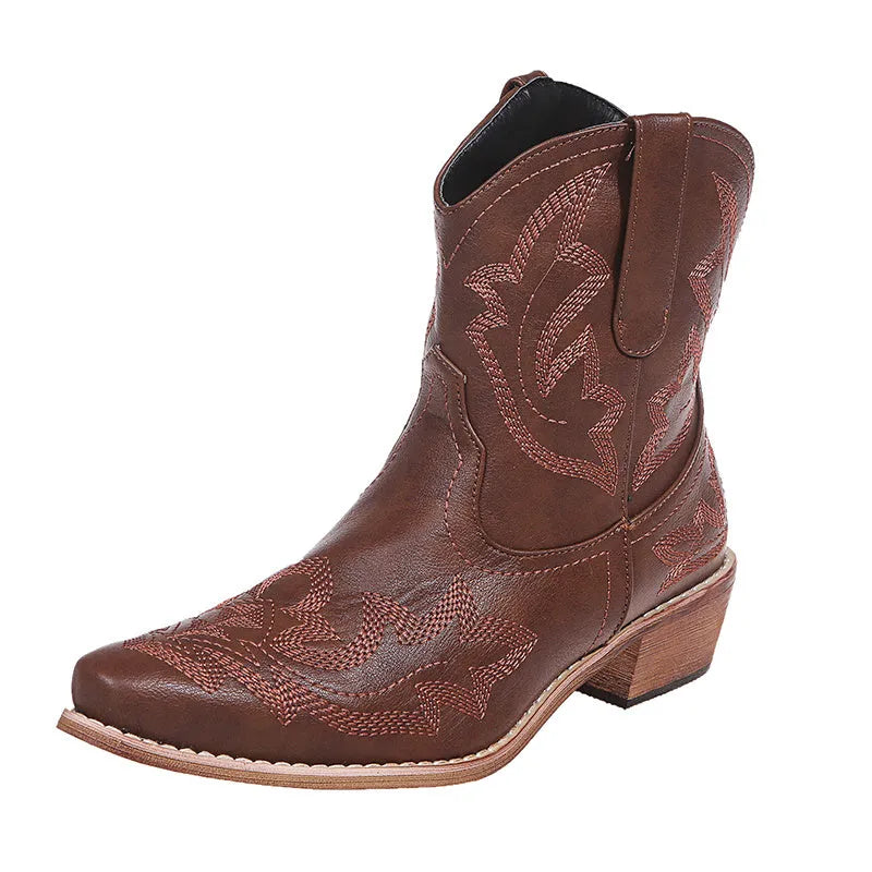 Women's embroidered cowboy boots with wedge heel in blue, brown and wine red colours