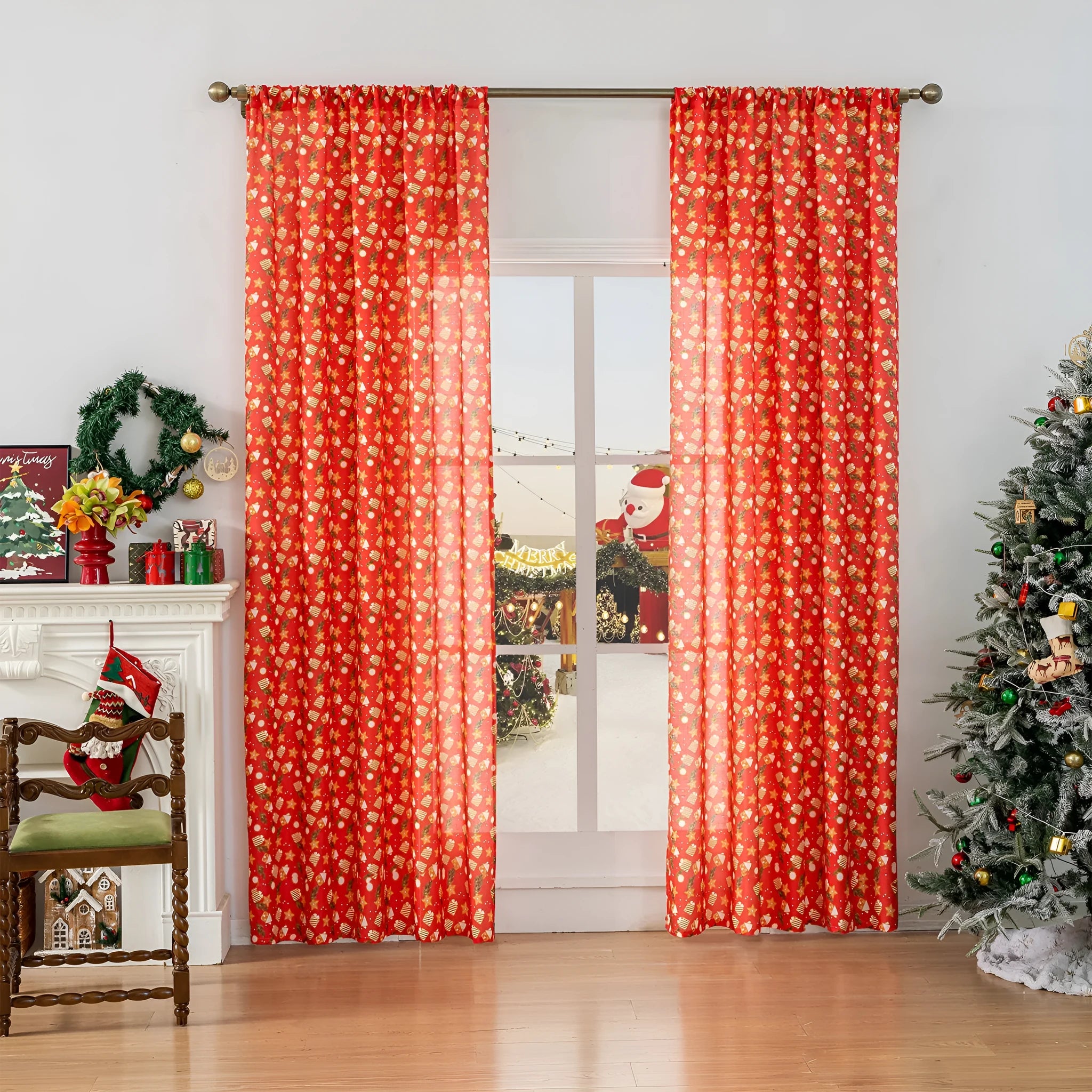 Red Christmas curtain with printed cartoon snowman and angel figures