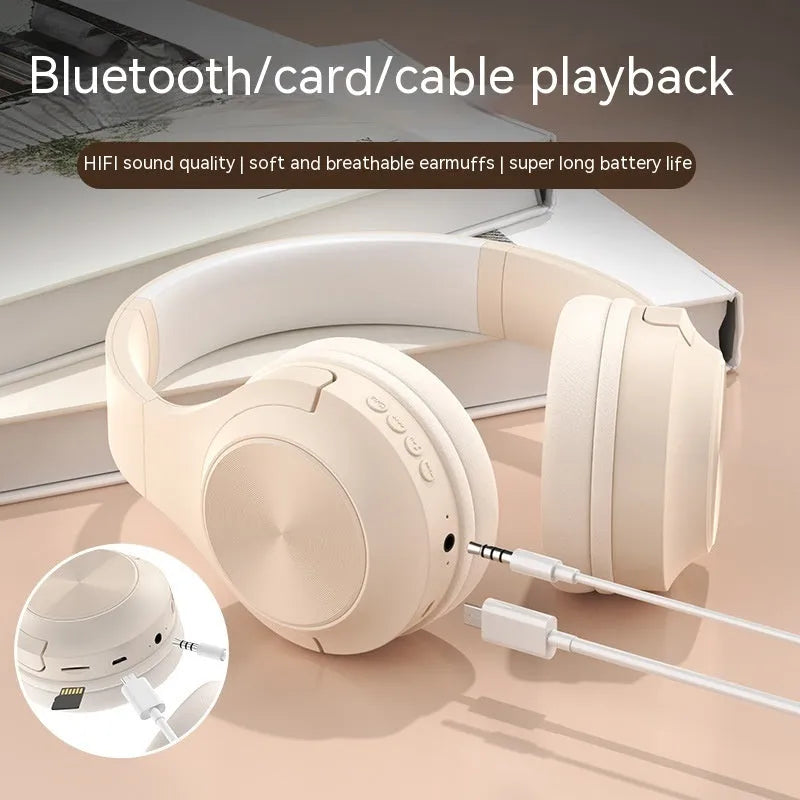 Wireless Bluetooth over-ear headphones in ivory white, chalk black, or youth green with a portable charging case.