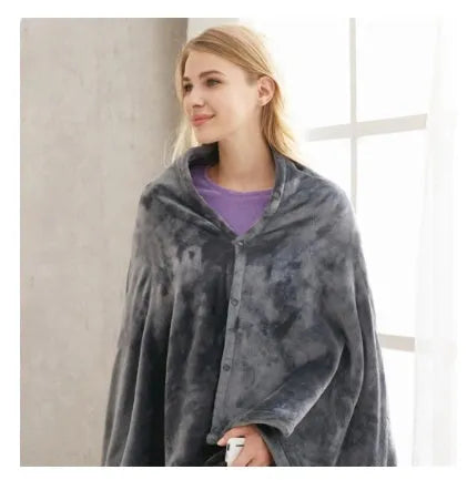 Dark grey USB electric heated plush blanket showing plug and control button.
