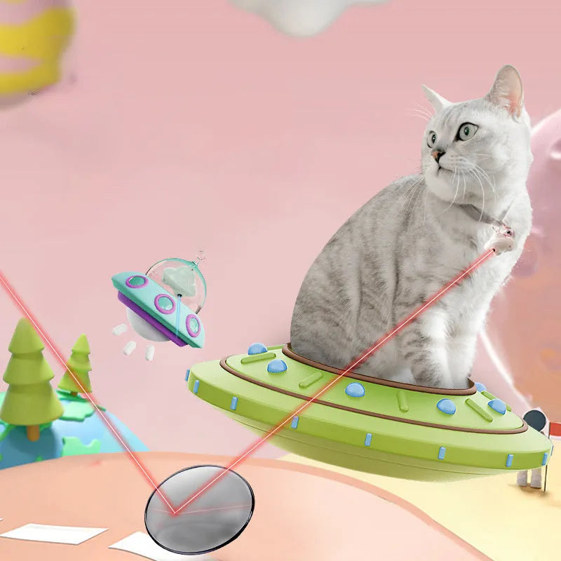 Green or pink cat collar laser toy with compact 3cm plastic housing showing USB charging port