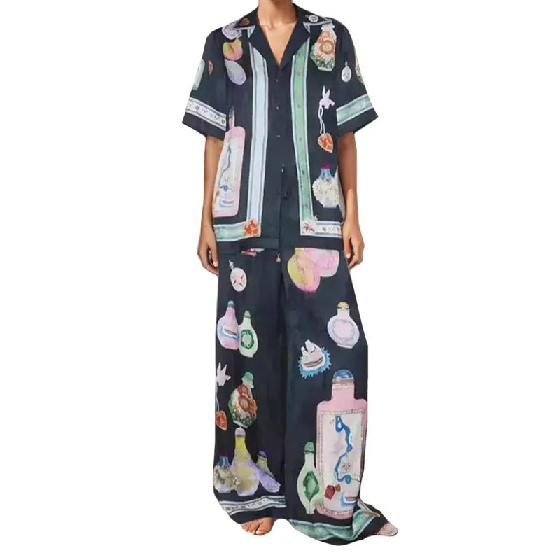 Black women's cardigan and trousers set with cartoon animation pattern